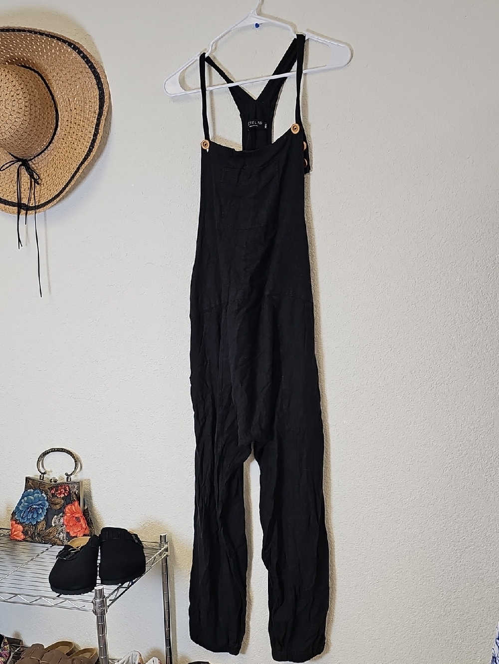 Adjustable Oversized Black Women's Linen Blend Overalls Linen